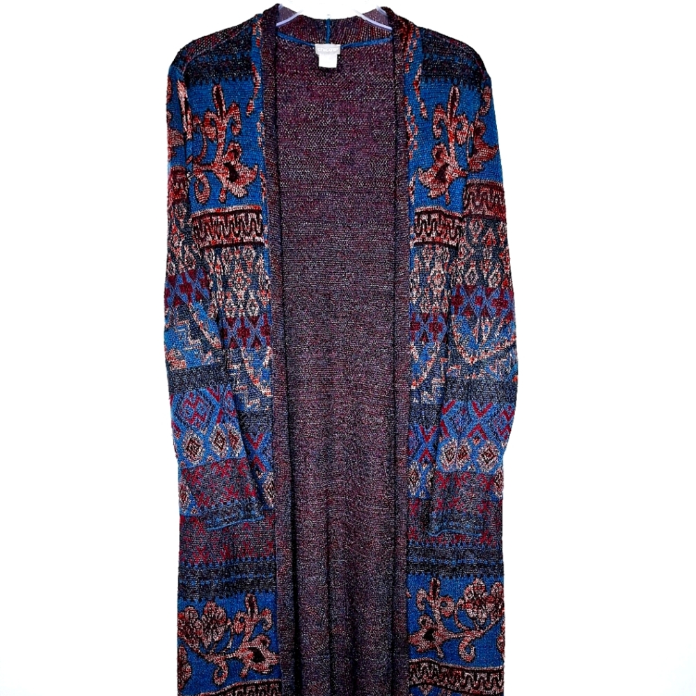 Chico's brand " The Jacquard weave in Metallics" Longline open front cardigan.